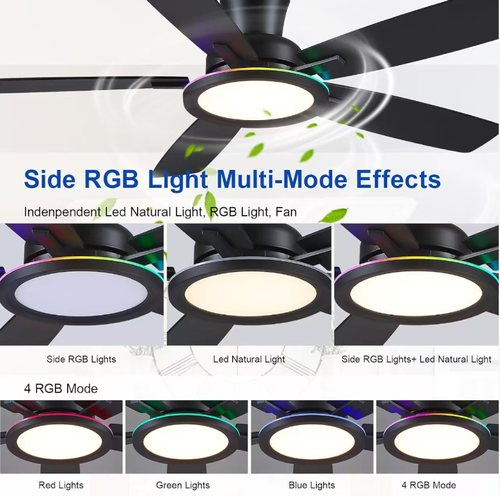 Este abajur de teto inteligente RGB de 5 pás é equipado com um motor silencioso, proporcionando uma circulação de ar suave e silenciosa.  Ele suporta iluminação ambiente RGB colorida + luz principal com temperatura de três cores, e pode ser controlado por controle remoto ou via APP.  Oferece duas opções de pás de ventilador: preta e de veio de madeira.  É um produto popular de iluminação e ventilação residencial que vende bem além das fronteiras.