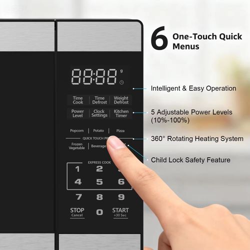 Este micro-ondas inteligente multifuncional com tela sensível ao toque é equipado com uma tela sensível ao toque em alta definição e múltiplos modos de menus inteligentes.Ele suporta aquecimento eficiente e descongelamento preciso, podendo ser operado com um único clique.Seu design compacto é adequado para apartamentos pequenos, permitindo fácil cozinhar, descongelar e assar.  É uma ferramenta de cozinha completa para cozinhas e apartamentos modernos, proporcionando conveniência e tranquilidade.