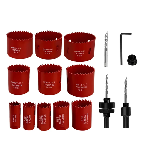 Este conjunto de ferramentas perfurativas duplas metálicas com 19 peças cobre uma faixa de tamanho completo de 19 a 68mm. adequados para perfurar diversos materiais como madeira, tubos de PVC e placas de gesso.  Ele vem com uma biela profissional, broca central e uma caixa de armazenamento portátil.  É uma ferramenta completa para perfuração para instalação de canos, marcenaria DIY e projetos de construção.  Ela ultrapassa as limitações da perfuração.