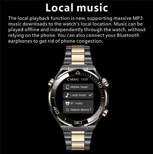 Este smartwatch de tela redonda de 1,62 polegada está equipado com tela sensível ao toque total em alta definição, Bluetooth para comunicação de voz em tempo real e recepção de mensagens. pressão arterial e oxigênio no sangue, além de múltiplos modos de exercício.  Músicas locais podem ser tocadas offline.  Ele possui longa duração da bateria e funções práticas, tornando-o um companheiro versátil de pulso tanto para exercícios diários quanto para a vida profissional.