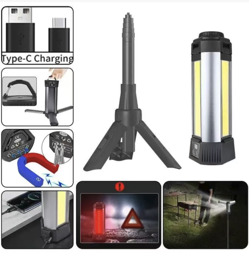 Esta luz de trabalho COB extensível possui contas de alta luminosidade para lâmpada COB com um holofote largo sem pontos cegos.  As três cabeças de lâmpada podem abrir e fechar a 90°,Ele suporta escurecimento multinível, carregamento rápido e longa duração da bateria.  Também possui funções de atração magnética e power bank, é durável e robusto, tornando-se uma maravilha de iluminação para acampamentos ao ar livre, trabalhos de engenharia e iluminação de emergência.