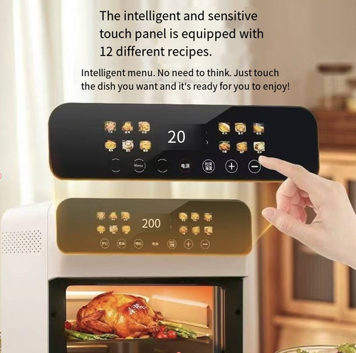 Esta fritadeira a ar de grande capacidade e forno conveccional possui uma janela panorâmica para monitoramento em tempo real do processo de cozimento.  Ele possui uma grande capacidade de duas camadas que pode preparar as refeições para toda a família de uma vez.  Com controle inteligente por toque e receitas pré-definidas, ele possui uma circulação de ar quente de 360° para aquecimento uniforme. fácil de limpar e é uma potência culinária completa para sua cozinha doméstica.