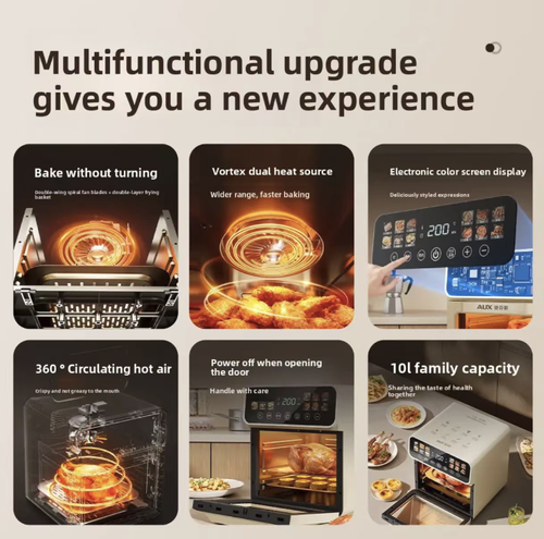 Esta fritadeira a ar de grande capacidade e forno conveccional possui uma janela panorâmica para monitoramento em tempo real do processo de cozimento.  Ele possui uma grande capacidade de duas camadas que pode preparar as refeições para toda a família de uma vez.  Com controle inteligente por toque e receitas pré-definidas, ele possui uma circulação de ar quente de 360° para aquecimento uniforme. fácil de limpar e é uma potência culinária completa para sua cozinha doméstica.