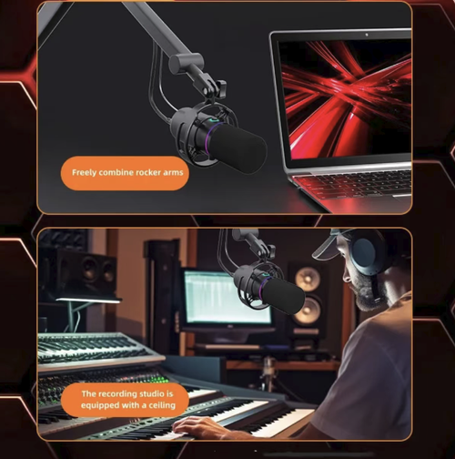 Este microfone USB de diafragma dinâmico RGB possui um captador direcional em formato de coração que elimina ruídos de fundo e entrega vozes humanas claras e completas.  A luz ambiente RGB realça a atmosfera.  É plug-and-play USB e compatível com vários dispositivos.  O suporte em balanço incluído e a estrutura à prova de choques fazem dele uma ferramenta profissional de gravação de áudio para streamers, membros de equipes de esports e gravação de vozes e dublagem.