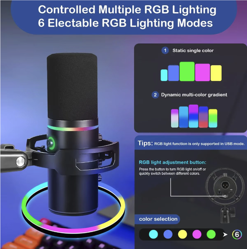 Este microfone USB de diafragma dinâmico RGB possui um captador direcional em formato de coração que elimina ruídos de fundo e entrega vozes humanas claras e completas.  A luz ambiente RGB realça a atmosfera.  É plug-and-play USB e compatível com vários dispositivos.  O suporte em balanço incluído e a estrutura à prova de choques fazem dele uma ferramenta profissional de gravação de áudio para streamers, membros de equipes de esports e gravação de vozes e dublagem.
