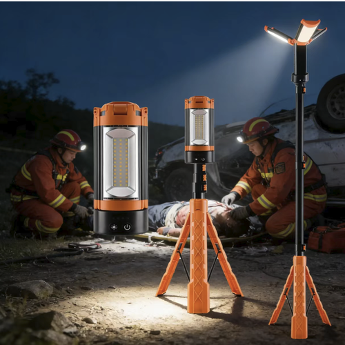 Esta lâmpada externa multifuncional dobrável de três pás possui três cabeças de luz com holofote de 360° e alto brilho.  O tripé extensível pode ser ajustado livremente em altura, e pode ser transformado em várias formas para se adequar a todos os cenários.  Também possui funções de fixação magnética e carregamento de bateria, tornando-o um dispositivo de iluminação multiuso para acampamentos ao ar livre, trabalhos de engenharia e iluminação de emergência.