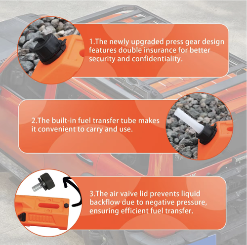 Este tanque reserva de óleo para camping ao ar livre de 1,7 galão é feito de material resistente LLDPE.Ele pode armazenar óleo e também servir como reservatório de água para chuveiro.Possui tampas duplas de trava de segurança melhoradas + válvula anti-refluxo para segurança e para evitar vazamentos.É uma ferramenta completa para suprimentos externos para armazenar água e óleo durante acampamentos e viagens off-road.  Ele permite que você tenha eletricidade e água à disposição a qualquer momento.