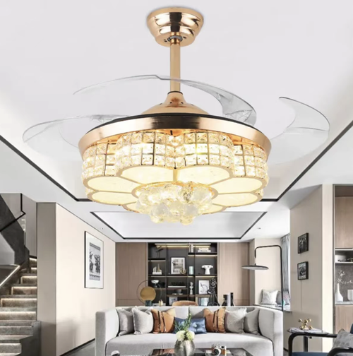 Esta lâmpada de teto inverter oculta ao estilo europeu apresenta um design luxuoso de cristal, exalando um ar de luxo.  O motor silencioso do inversor proporciona uma circulação de ar suave.  Possui função de escurecimento de LEDs em três cores com alcance infinito.  A lâmpada e o ventilador são integrados, economizando espaço.  O controle remoto é conveniente.  É um item residencial de alto padrão que combina iluminação e circulação de ar para a sala de estar, sala de jantar e quarto.