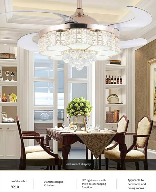 Esta lâmpada de teto inverter oculta ao estilo europeu apresenta um design luxuoso de cristal, exalando um ar de luxo.  O motor silencioso do inversor proporciona uma circulação de ar suave.  Possui função de escurecimento de LEDs em três cores com alcance infinito.  A lâmpada e o ventilador são integrados, economizando espaço.  O controle remoto é conveniente.  É um item residencial de alto padrão que combina iluminação e circulação de ar para a sala de estar, sala de jantar e quarto.