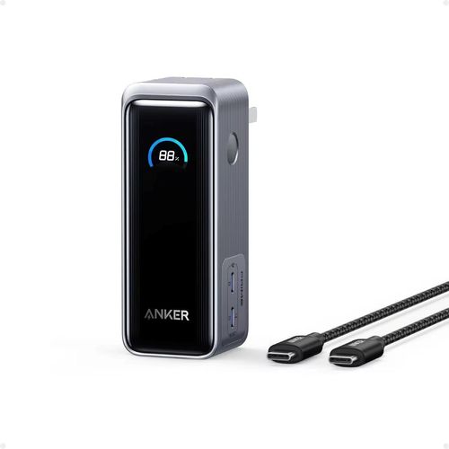 Este é o carregador portátil de dupla função da Anker.  Ele vem com um plugue embutido e uma tela digital.  Ele tem capacidade de 9600mAh e suporta carregamento rápido de 65W.  Ele pode carregar celulares e laptops.  Seu tamanho é 60% menor que o carregador portátil tradicional de 65W.  O plugue dobrável é portátil e pode fornecer energia para dois dispositivos simultaneamente.  Ele pode atender a todas as suas necessidades de carregamento durante viagens de negócios ou viagens.