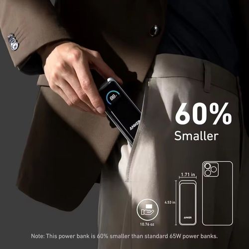 Este é o carregador portátil de dupla função da Anker.  Ele vem com um plugue embutido e uma tela digital.  Ele tem capacidade de 9600mAh e suporta carregamento rápido de 65W.  Ele pode carregar celulares e laptops.  Seu tamanho é 60% menor que o carregador portátil tradicional de 65W.  O plugue dobrável é portátil e pode fornecer energia para dois dispositivos simultaneamente.  Ele pode atender a todas as suas necessidades de carregamento durante viagens de negócios ou viagens.