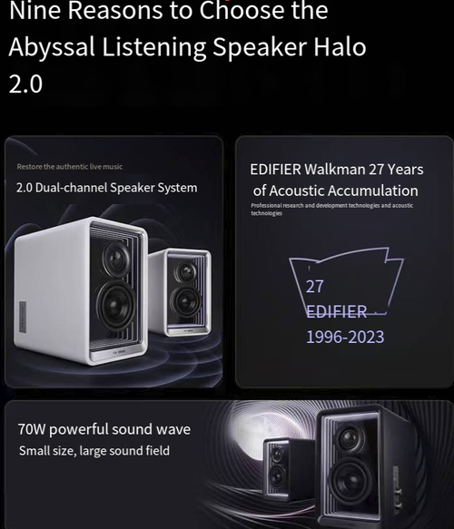 Alto-falante Halo 2.0 Abyss Listening, com qualidade de som alta fidelidade em alta resolução, sistema 2.0 de canal duplo + labirinto, com graves potentes.  O efeito de iluminação ambiental do Abismo proporciona uma aparência excelente.  Ele tem uma saída de 70W de potência, suporta conexão Bluetooth sem perdas e vem com carregamento rápido GaN.  É o topo de carteira acústico para computador, jogos e criação musical.  Cada vez que você ouve, se torna uma experiência agradável.