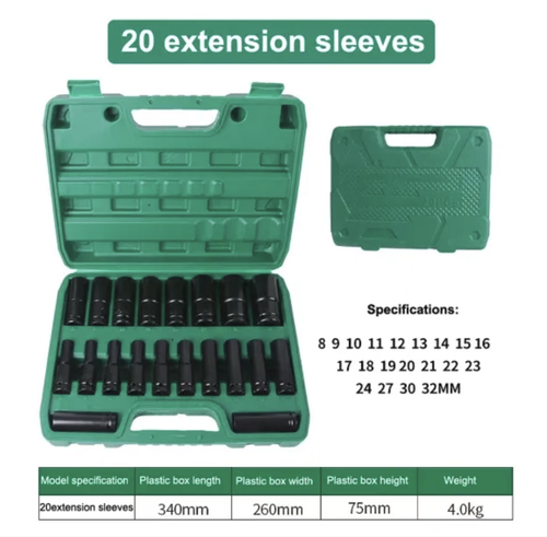 Este conjunto de 20 peças de kit grande de soquete hexagonal estendido para mosca cobre todas as especificações de 8-32mm.É compatível com parafusos de furo profundo com furos profundos estendidos,e é forjado em aço cromo-vanádio para superior resistência ao impacto e durabilidade.É adequada para chaves pneumáticas e chaves elétricas e vem com uma caixa de armazenamento portátil.É um conjunto profissional de ferramentas tudo-em-um para reparo automotivo,reparo mecânico e operações de engenharia.
