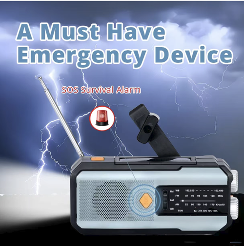 Este rádio solar portátil de emergência manual possui recepção de rádio em todas as bandas + alertas meteorológicos NOAA, geração de energia solar Tipo-C multimodo com manivela manual e pode ser usado como fonte de energia móvel.  Ele vem com luzes duplas para iluminação + alarme SOS, é à prova d'água e portátil, e é um equipamento de emergência completo, para acampamento ao ar livre, preparação para desastres e sobrevivência na natureza.  Ele nunca perde energia e é seguro de carregar.
