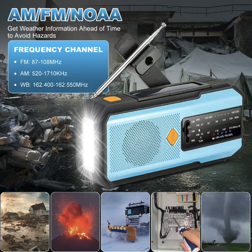Este rádio solar portátil de emergência manual possui recepção de rádio em todas as bandas + alertas meteorológicos NOAA, geração de energia solar Tipo-C multimodo com manivela manual e pode ser usado como fonte de energia móvel.  Ele vem com luzes duplas para iluminação + alarme SOS, é à prova d'água e portátil, e é um equipamento de emergência completo, para acampamento ao ar livre, preparação para desastres e sobrevivência na natureza.  Ele nunca perde energia e é seguro de carregar.