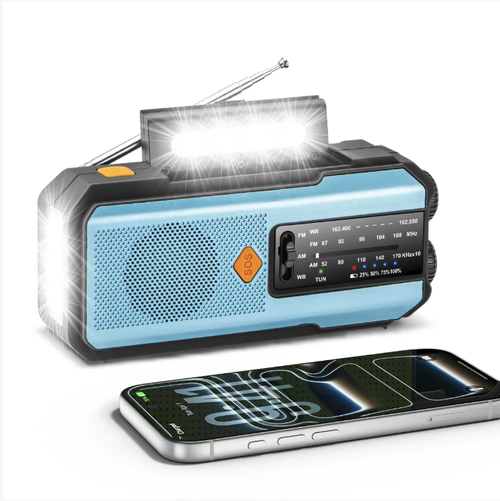 Este rádio solar portátil de emergência manual possui recepção de rádio em todas as bandas + alertas meteorológicos NOAA, geração de energia solar Tipo-C multimodo com manivela manual e pode ser usado como fonte de energia móvel.  Ele vem com luzes duplas para iluminação + alarme SOS, é à prova d'água e portátil, e é um equipamento de emergência completo, para acampamento ao ar livre, preparação para desastres e sobrevivência na natureza.  Ele nunca perde energia e é seguro de carregar.