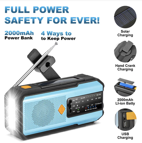 Este rádio solar portátil de emergência manual possui recepção de rádio em todas as bandas + alertas meteorológicos NOAA, geração de energia solar Tipo-C multimodo com manivela manual e pode ser usado como fonte de energia móvel.  Ele vem com luzes duplas para iluminação + alarme SOS, é à prova d'água e portátil, e é um equipamento de emergência completo, para acampamento ao ar livre, preparação para desastres e sobrevivência na natureza.  Ele nunca perde energia e é seguro de carregar.