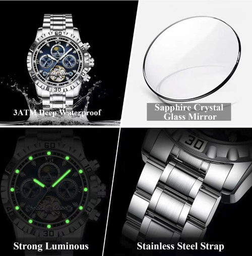 O novo modelo de relógio mecânico automático masculino da marca suíça apresenta um rotor oco que destaca a estética mecânica.  Ele vem com cronógrafo multifunção e calendário de fases da lua.  que é durável e resistente à água.  O mostrador azul e a pulseira prateada são versáteis e adequados para várias ocasiões.  Ele possui marcação do tempo precisa e é um excelente relógio de pulso masculino de alto padrão, tanto para negócios quanto para lazer, além de presentes pessoais.