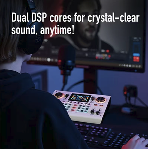Placa de som profissional externa de transmissão ao vivo 8V, com DSP duplo para qualidade de som em alta definição, fonte phantom de 48V compatível com microfones profissionais, uma vasta gama de efeitos sonoros + correção de áudio inteligente, compatibilidade total de interface para múltiplos dispositivos, operação visual, adequada para todos os cenários como transmissão ao vivo, karaokê e chat de voz de jogos, é uma ferramenta profissional de áudio para streamers e entusiastas de karaokê.