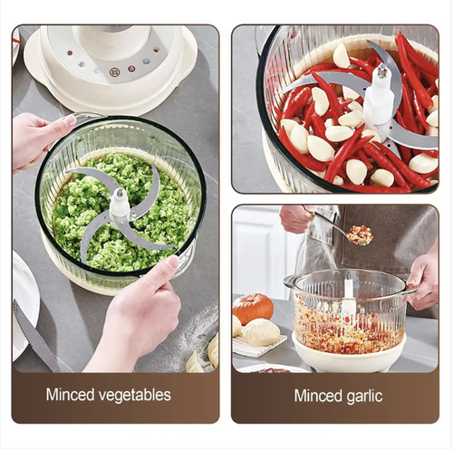 Este processador de alimentos elétrico multifuncional para uso doméstico é adequado tanto para ingredientes secos quanto úmidos, com múltiplas configurações de velocidade.  que é seguro e fácil de limpar.  Ele pode lidar com tarefas como amassar massa, picar carne, moer e misturar tudo em uma só.  É compacto e não ocupa muito espaço.  A operação é simples, tornando-a um recurso versátil para preparar comida de bebê, permitindo que você libere as mãos facilmente.