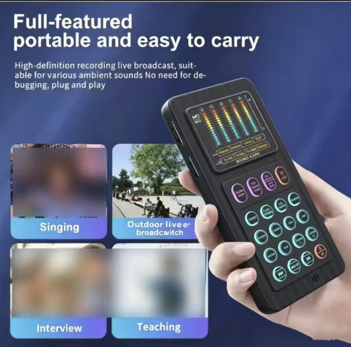 Esta placa portátil de som ao vivo é compatível tanto com celulares quanto com computadores.  Ele pode disparar uma grande quantidade de efeitos sonoros com apenas um clique.  é portátil e fácil de carregar.  É compatível com múltiplos modos para diferentes cenários, como canto, promoção ao vivo e transmissão ao vivo.  Possui redução de ruído e qualidade sonora profissional clara.  É uma ferramenta de áudio completa tanto para apresentadores quanto para entusiastas de karaokê.