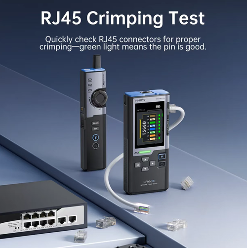 FNIRSI LPM-10 Instrumento Multifuncional de Rastreamento de Fios, capaz de realizar rastreamento de cabos, testes de continuidade e comprimento de interrupção, detecção PoE, testes elétricos NCV e medição de velocidade de rede.  Com uma tela colorida de 2,4 polegadas para operação visual, ele conta com proteção de segurança de 60V contra resistência à tensão.  Seu design portátil e integrado o torna uma ferramenta profissional de diagnóstico tudo-em-um para cabeamento e manutenção de rede.