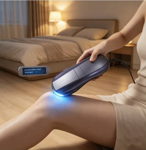 Dispositivo de depilação Ice Point, com safira azul para resfriamento do gelo, proporcionando depilação indolor e sem irritação.  Ele emite luz de forma eficiente e atinge com precisão os folículos capilares.  Ele possui múltiplas configurações para acomodar várias partes do corpo.  É fácil de usar e fácil, permitindo que você consiga depilação duradoura em casa e desfrute de uma pele lisa e delicada.  Abrace cada estação com confiança