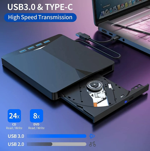 Unidade Externa Multifuncional de DVD Seven-in-One, que suporta leitura e gravação em alta velocidade de DVD CD, vem com 4 expansões de interface USB, plug-and-play sem drivers, compatível com sistemas Windows e macOS, leve, portátil, resistente a choques e durável.  Ele resolve facilmente os problemas da ausência de drive óptico em computadores e interfaces insuficientes para uso em disco.  Um dispositivo atende a várias necessidades de escritório e uso.