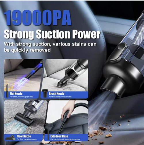 Aspirador portátil sem fio e montado em veículos, com alta potência de sucção, capaz de lidar com resíduos secos e úmidos + combinação de funções de sucção e sopro.  Ele pode remover poeira, detritos e lixo úmido.  Com descarga de poeira em um botão sem sujar as mãos, o filtro pode ser lavado e mantém uma sucção duradoura.  A carroceria é pequena e portátil, garantindo que não haja pontos cegos de limpeza dentro do veículo.  É uma ferramenta essencial de limpeza para proprietários de carros.