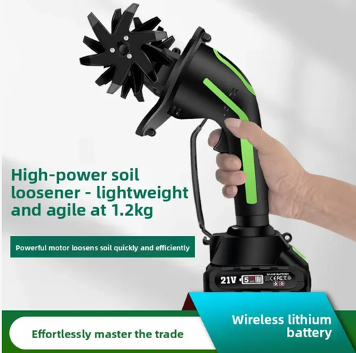 Cultivador de Solo portátil de íon-lítio 21V, sem fio e portátil, sem restrições.  A cabeça da lâmina de liga solta eficientemente o solo e as ervas daninhas.  A haste de extensão ajustável permite operação em pé com suporte nas costas.  É leve e fácil de usar, adequado também para mulheres.  É compatível com vários cenários, como hortas, jardins de flores e plantas em vasos.  É uma ferramenta eficiente para virar solos em jardinagem doméstica.