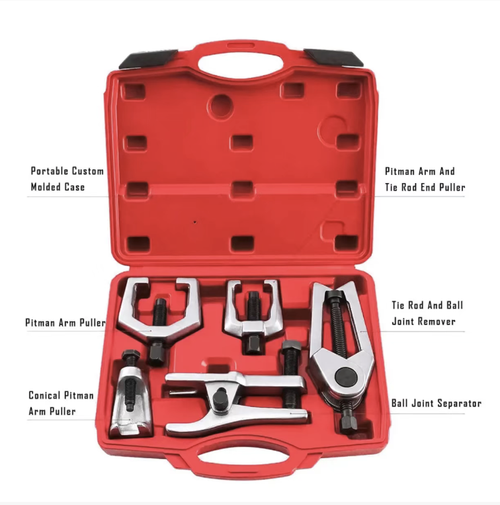 Conjunto de ferramentas de 5 peças para remoção de terminais esféricos, ideal para desmontar terminais esféricos de braços de direção, barras de direção e braços de controle inferiores.oferece uma mordida suave sem escorregar. O design de parafuso economizador de força elimina a necessidade de martelar violentamente. A caixa de ferramentas dura garante armazenamento conveniente e portabilidade. É uma ferramenta de desmontagem eficiente para manutenção de chassis automotivo.