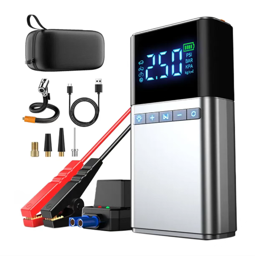 Unidade integrada de bomba de inflação de emergência de 8000mAh para iniciar veículos, capaz de ligar o veículo em situação de falta de energia, inflar automaticamente conforme a pressão pré-definida dos pneus, equipada com display digital e luz de emergência LED, com múltiplas proteções de segurança, e portátil para armazenamento. É um item indispensável para viagens off-road. Torne cada viagem mais tranquilizadora.