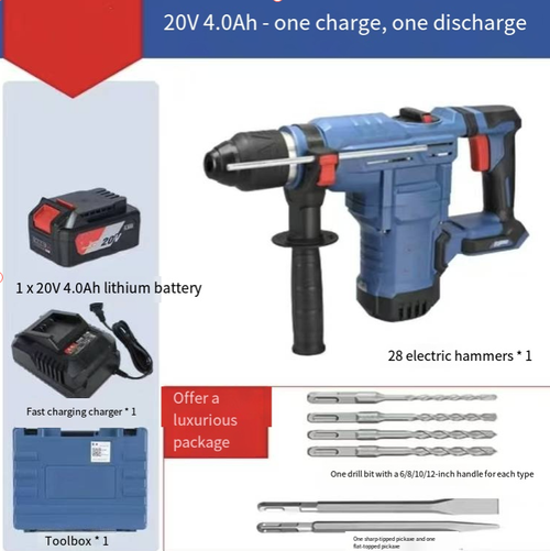 Martelo de carregamento de bateria de lítio 20V, integrando as funções de martelo, A bateria de lítio é sem fio e não restrita por cabos, fornecendo energia forte adequada para perfuração e demolição de concreto.  Ele vem com uma alça auxiliar e uma caixa de armazenamento, tornando-o conveniente para transportar em construções externas.  É uma ferramenta eficiente de demolição para projetos de decoração residencial.  Ferramenta tudo-em-um de alto desempenho para trabalhos ao ar livre