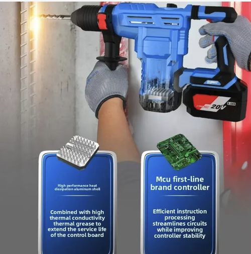Martelo de carregamento de bateria de lítio 20V, integrando as funções de martelo, A bateria de lítio é sem fio e não restrita por cabos, fornecendo energia forte adequada para perfuração e demolição de concreto.  Ele vem com uma alça auxiliar e uma caixa de armazenamento, tornando-o conveniente para transportar em construções externas.  É uma ferramenta eficiente de demolição para projetos de decoração residencial.  Ferramenta tudo-em-um de alto desempenho para trabalhos ao ar livre