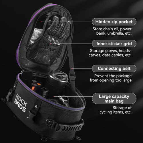Mochila para assento de motocicleta, com grande capacidade e design expansível, impermeável, resistente ao desgaste e à pressão, equipada com tiras refletoras para aumentar a segurança à noite.  Possui tiras de liberação rápida que podem ser adaptadas a vários modelos.  Pode ser carregado à mão ou usado no ombro.  É um equipamento prático de armazenamento para motociclistas de turismo e motoristas que se deslocam.  Um pacote que apresenta cenários de ciclismo e uso diário.