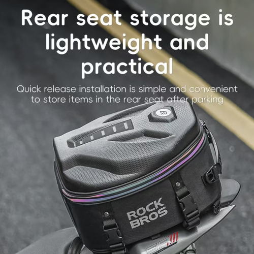 Mochila para assento de motocicleta, com grande capacidade e design expansível, impermeável, resistente ao desgaste e à pressão, equipada com tiras refletoras para aumentar a segurança à noite.  Possui tiras de liberação rápida que podem ser adaptadas a vários modelos.  Pode ser carregado à mão ou usado no ombro.  É um equipamento prático de armazenamento para motociclistas de turismo e motoristas que se deslocam.  Um pacote que apresenta cenários de ciclismo e uso diário.