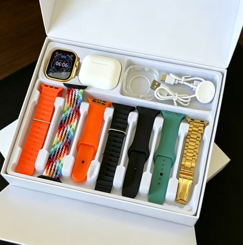 Conjunto de caixas de presente multibanda de smartwatch, suportando chamadas Bluetooth e monitoramento de saúde e exercícios.  Múltiplas pulseiras de relógio estão disponíveis para combinar com diferentes roupas.  Quando combinado com fones Bluetooth e o conjunto completo de acessórios, É um companheiro inteligente para o trajeto diário e exercícios.  É um equipamento inteligente que leva em conta tanto a qualidade da aparência, a funcionalidade quanto a relação custo-benefício.