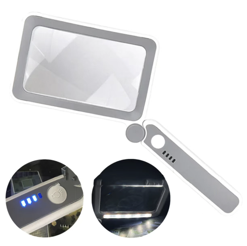 Lupa LED portátil quadrada, com lente de alta definição que oferece amplo campo de visão, 10 luzes LED com três modos de iluminação suave ajustáveis. Carregamento via USB com indicador do nível da bateria. Alça dobrável para portabilidade. Interruptor de controle por toque para operação fácil. É uma ferramenta prática para idosos na leitura e trabalhos detalhados, adequada tanto para leitura noturna como para tarefas específicas. A leitura e a observação tornam-se mais fáceis.