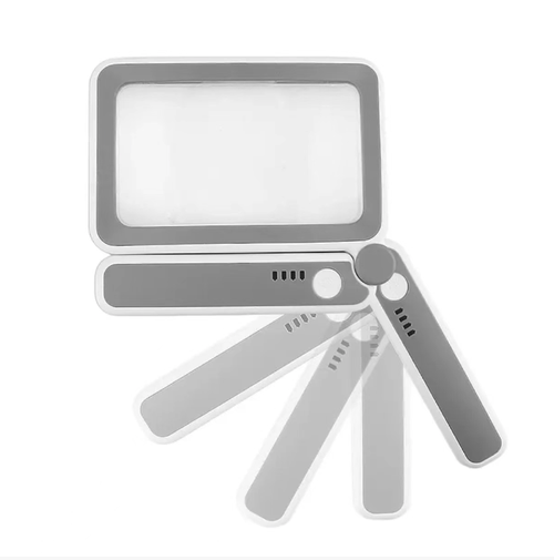 Lupa LED portátil quadrada, com lente de alta definição que oferece amplo campo de visão, 10 luzes LED com três modos de iluminação suave ajustáveis. Carregamento via USB com indicador do nível da bateria. Alça dobrável para portabilidade. Interruptor de controle por toque para operação fácil. É uma ferramenta prática para idosos na leitura e trabalhos detalhados, adequada tanto para leitura noturna como para tarefas específicas. A leitura e a observação tornam-se mais fáceis.