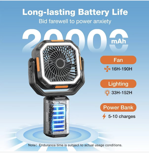 Ventilador de camping multifuncional, que combina funções de ventilação e iluminação, com múltiplas opções de ajuste de velocidade e brilho. Equipado com um suporte telescópico, pode ser colocado no chão ou pendurado. Possui uma bateria de lítio de grande capacidade para energia duradoura, e o corpo é resistente e robusto. Adequado para diversos cenários, como acampamento, pesca, uso doméstico e canteiros de obras.