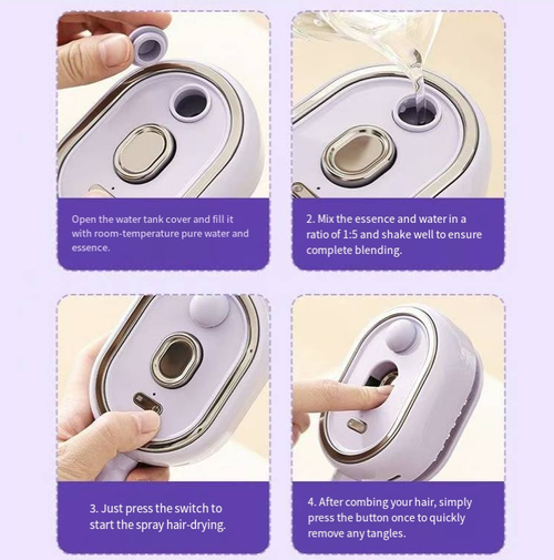 Escova de cabelo elétrica multifuncional, que armazena e atomiza óleos essenciais para cuidados capilares. Os dentes macios em forma de airbag desentrelaçam suavemente o cabelo sem danificá-lo. Compacta e recarregável, é fácil de usar para criar um estilo volumoso. Adequada tanto para cabelos secos quanto molhados. Ideal para cuidados diários em casa ou para pentear no movimento. É um aparelho pequeno indispensável para os cuidados com o cabelo.