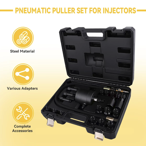 Kit de ferramentas para desmontagem do injetor pneumático de combustível diesel. O método pneumático de remoção não danifica a cabeça do cilindro. Diversas especificações de conectores são compatíveis com todos os tipos de veículos diesel. As peças em aço ligado são resistentes ao desgaste e duráveis. O conjunto completo de acessórios inclui uma caixa de ferramentas portátil. Foi especialmente projetado para lojas de reparação automotiva, economizando esforço e sendo altamente eficiente.