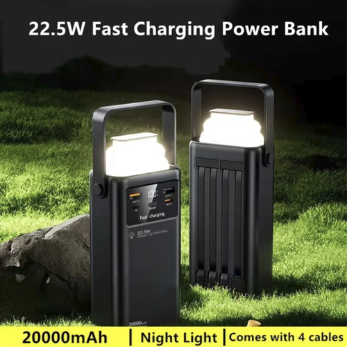 Uma bateria de 20.000 mAh com quatro portas de carregamento, equipada com uma função de carregamento rápido de alta potência de 22,5 W, pode fornecer energia a múltiplos dispositivos simultaneamente. A parte superior possui várias luminárias para acampamento, com design portátil, display digital inteligente do nível da bateria e múltiplas proteções de segurança, sendo adequada para uso em acampamentos, transmissões ao vivo e emergências durante viagens ao ar livre.