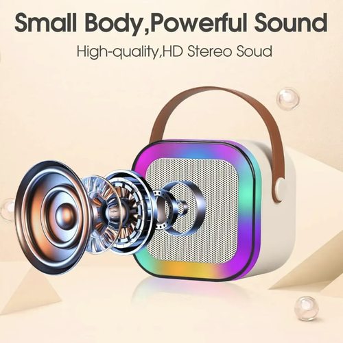 O alto-falante integrado de karaoke com Bluetooth, equipado com dois microfones sem fio, suporta o canto em dueto. Possui redução de ruído e captura direcional do microfone, garantindo vozes humanas claras e distintas. As unidades de alto-falantes estéreo produzem um som rico e completo. As luzes RGB alteram a atmosfera em sincronia com a música. Pode começar a karaoke a qualquer momento e em qualquer lugar, seja em casa, durante uma viagem de camping ou numa festa.