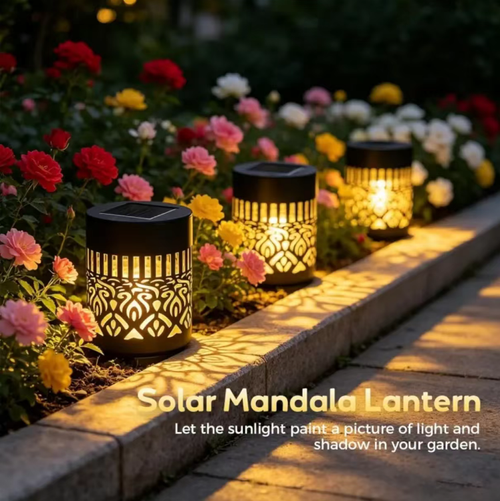 Uma lâmpada solar de pátio com decoração cava. Durante o dia, carrega automaticamente a bateria utilizando energia solar. Quando escurece, ilumina-se automaticamente. O corpo metálico à prova d'água é resistente ao intemperismo em ambientes externos. A luz projeta padrões requintados de luz e sombra. Pode ser pendurada na parede ou colocada no gramado, terraço de jardim ou caminho. É energeticamente eficiente e não requer fiação. Combina efeitos luminosos e decorativos.