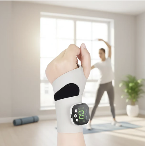 Bracelete de Massagem para Pulso EMS Pulse: Este produto oferece múltiplos modos e configurações para terapia pulsátil, que pode aliviar a dor no pulso. A faixa elástica pode ser ajustada para diferentes tamanhos de pulso. O display digital de alta definição torna a operação conveniente. É leve, respirável e não causa irritação na pele. Possui longa duração da bateria e é adequado tanto para homens como para mulheres. Alivia eficazmente sintomas como tensão na mão e no pulso.