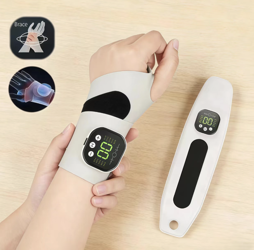 Bracelete de Massagem para Pulso EMS Pulse: Este produto oferece múltiplos modos e configurações para terapia pulsátil, que pode aliviar a dor no pulso. A faixa elástica pode ser ajustada para diferentes tamanhos de pulso. O display digital de alta definição torna a operação conveniente. É leve, respirável e não causa irritação na pele. Possui longa duração da bateria e é adequado tanto para homens como para mulheres. Alivia eficazmente sintomas como tensão na mão e no pulso.