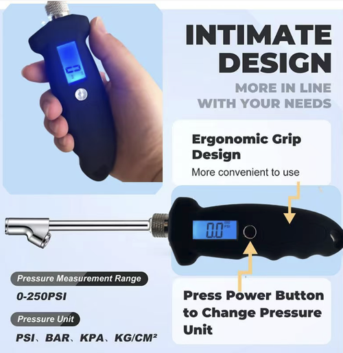 Medidor digital de pressão dos pneus com sonda extensível de dupla cabeça, adequado tanto para carros quanto para caminhões pesados. Conectores metálicos não permitem vazamentos de ar. A tela LCD luminosa proporciona leituras nítidas à noite. Alça antiderrapante para operação com uma mão. Resistente a impactos e durável. Verifica automaticamente a pressão dos pneus antes da condução para evitar rupturas. Adequado tanto para reparos automotivos domésticos como para uso comercial.