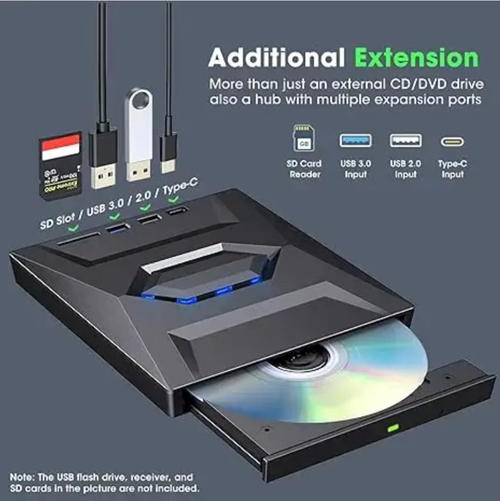 Unidade externa multifuncional para gravação de DVD, com sete funções em um, equipada com interfaces duplas USB e Type-C, integrando múltiplas portas USB e dois slots para cartões. Conecte e use sem necessidade de drivers, mecanismo resistente a impactos e silencioso, com leitura, escrita e gravação suave de discos. Leve e portátil, compatível com computadores. Uso multifuncional para reprodução de áudio e vídeo, backup de arquivos e expansão de periféricos.