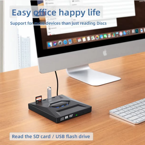 Unidade externa multifuncional para gravação de DVD, com sete funções em um, equipada com interfaces duplas USB e Type-C, integrando múltiplas portas USB e dois slots para cartões. Conecte e use sem necessidade de drivers, mecanismo resistente a impactos e silencioso, com leitura, escrita e gravação suave de discos. Leve e portátil, compatível com computadores. Uso multifuncional para reprodução de áudio e vídeo, backup de arquivos e expansão de periféricos.
